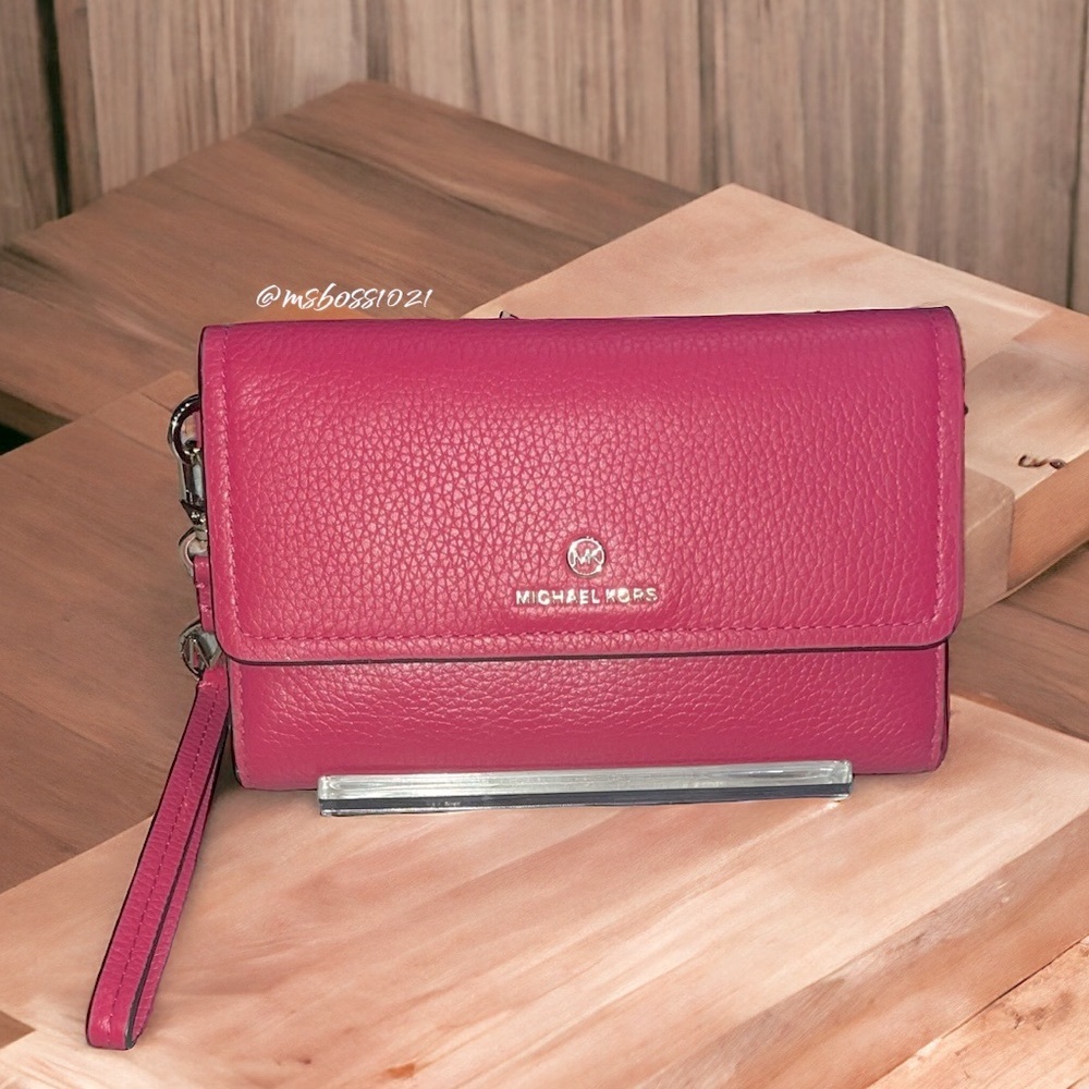 Michael Kors Pebbled Leather Large Flap Phone Wristlet - Magenta/Dark Pink- NWOT